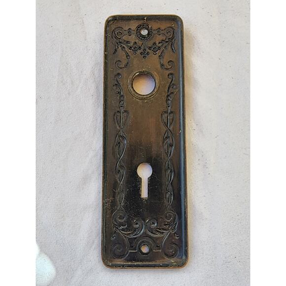 Antique Ornate Copper Plate on Steel Keyhole Doorknob Escutcheon Victorian 1800s - Picture 2 of 4